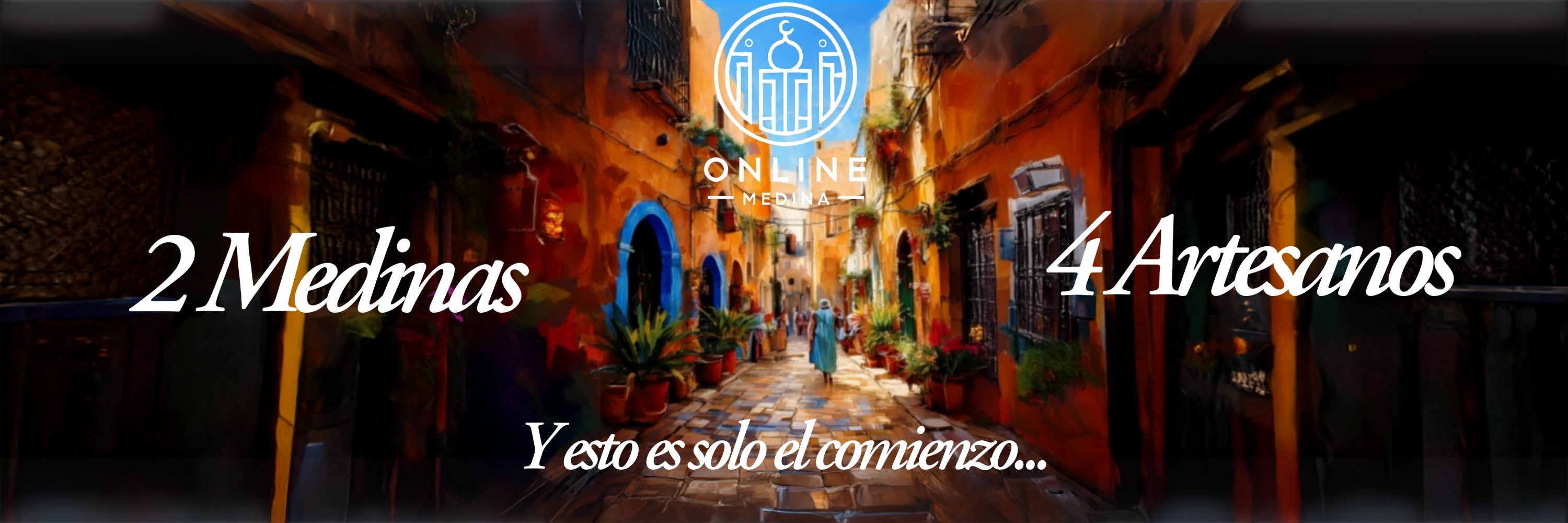Calle tradicional marroquí con tonos cálidos, plantas y detalles arquitectónicos auténticos — celebración del inicio de Online Medina con enfoque en artesanos locales y saber hacer ancestral.
