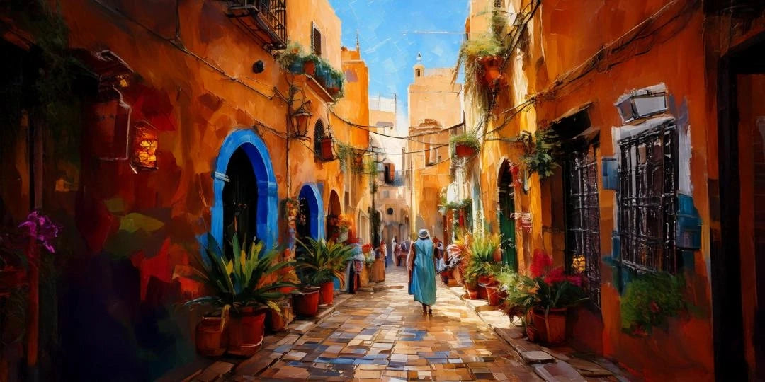 Scène authentique d’une médina marocaine avec ruelles colorées, portes bleues et artisanat traditionnel.