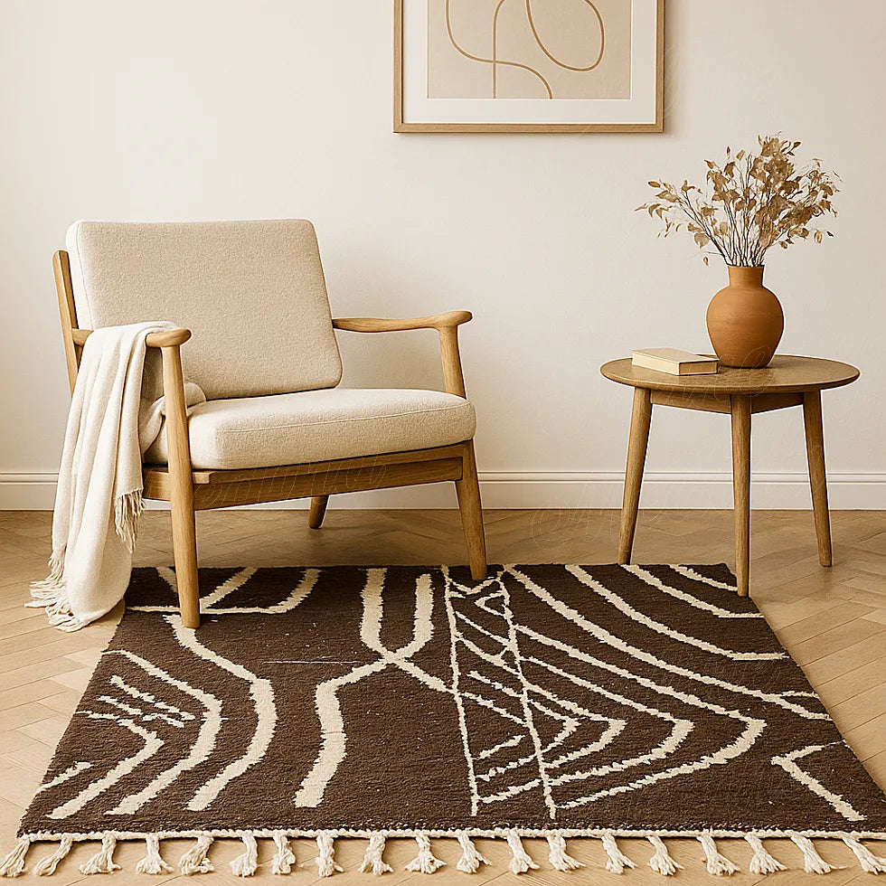 A Berber-style Moroccan rug in natural brown wool, handmade with cream abstract motifs from the Beni Mellal region.