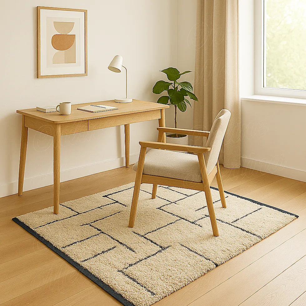 Beige Moroccan wool rug with fine black lines placed under a light wood desk.