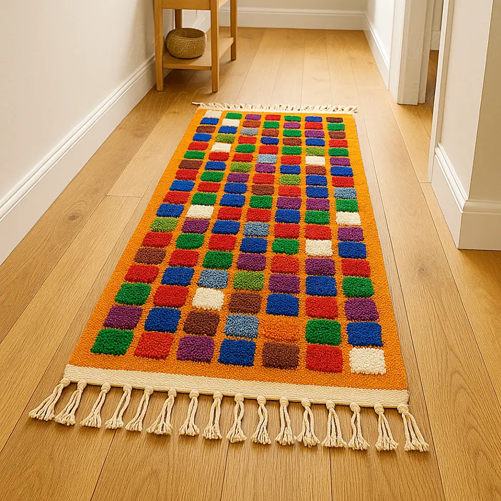 Long Moroccan hallway runner with vibrant multicolor square design