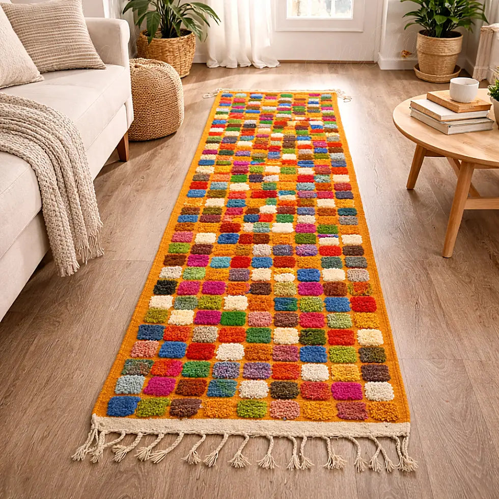 handwoven Moroccan multicolor square rug with textured wool pile and fringes, styled in a bright modern living room