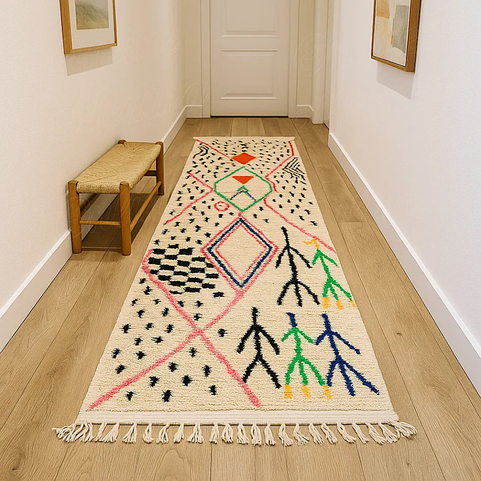 A long Azilal wool runner rug with traditional Berber motifs displayed in a minimalist hallway, giving the space character, color and Moroccan authenticity.