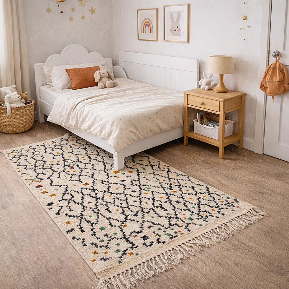 Authentic Boujaad Azilal Berber rug in wool, cream background with black patterns and colorful details, placed in a child’s bedroom