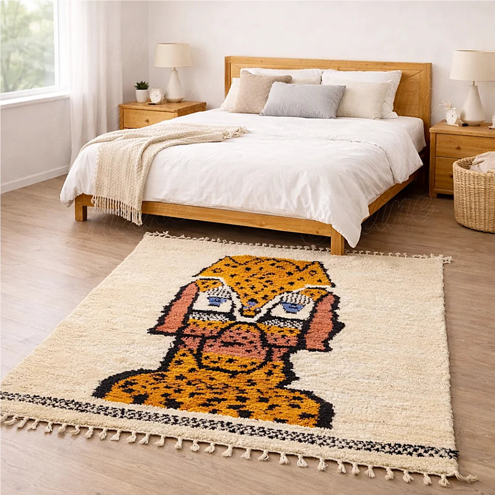 Handmade Moroccan rug with animal motif placed in a bedroom with a double bed