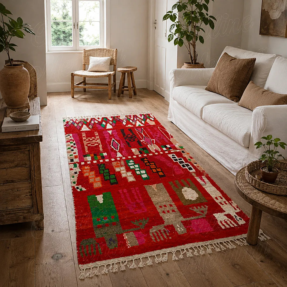 Red Boujad rug with symbolic geometric pattern, styled in a warm contemporary living room interior