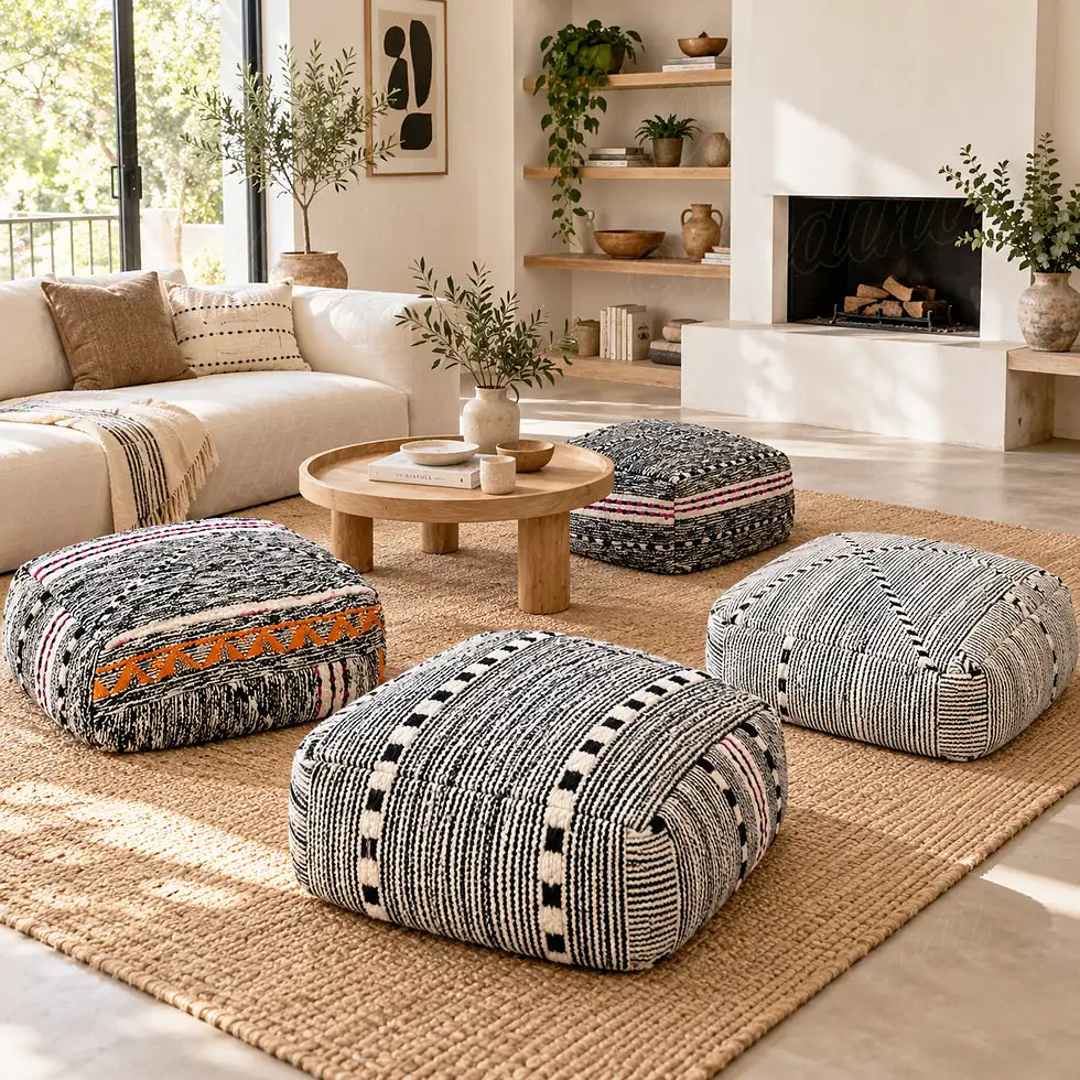 Quatre poufs en laine noire et crème aux motifs variés autour d'une table basse dans un salon avec cheminée