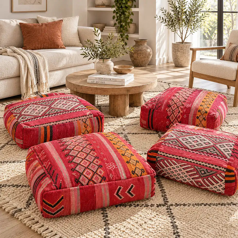 Cuatro pufs rojos de lana con motivos geométricos alrededor de una mesa de centro, entre un sofá y un sillón