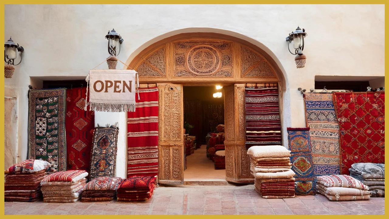 Traditional Moroccan weaving store in Rabat medina with handmade rugs and poufs crafted using ancestral techniques.