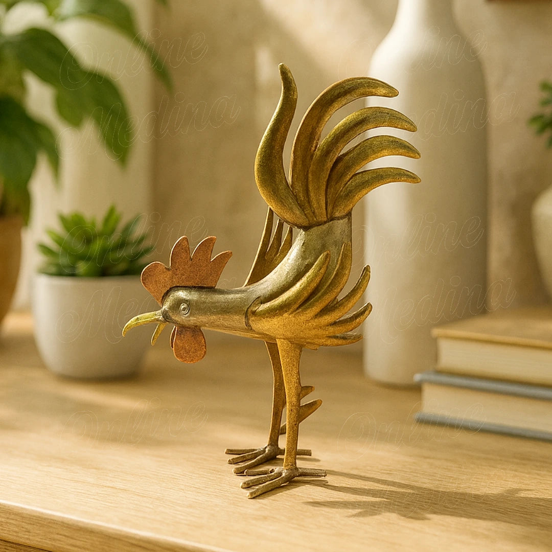 Metal rooster sculpture handmade in Morocco – brass and copper artwork by Online Medina