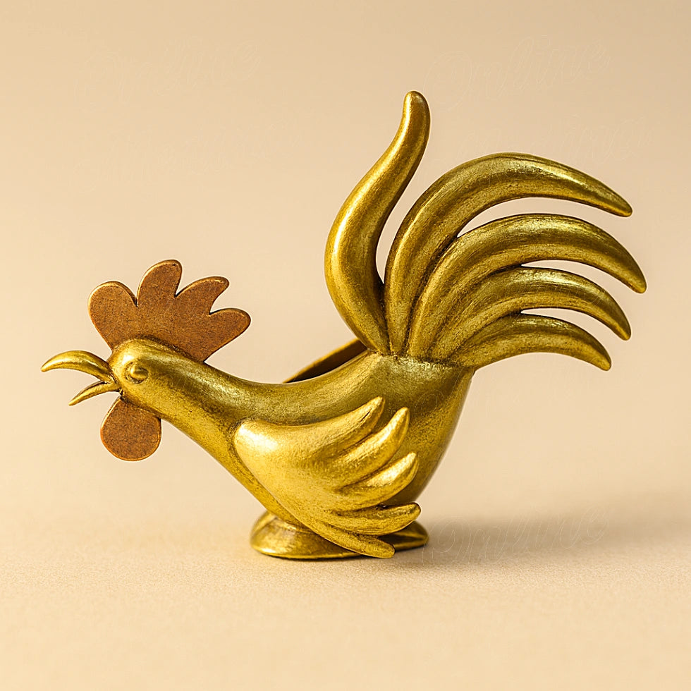 Handcrafted brass rooster figurine in crouching position with detailed tail feathers and bronze comb, made by Moroccan artisans