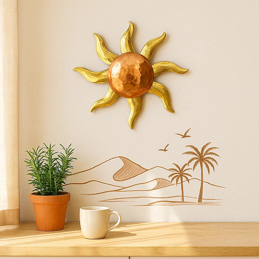 Moroccan sun wall decor in copper and brass displayed in a bright kitchen