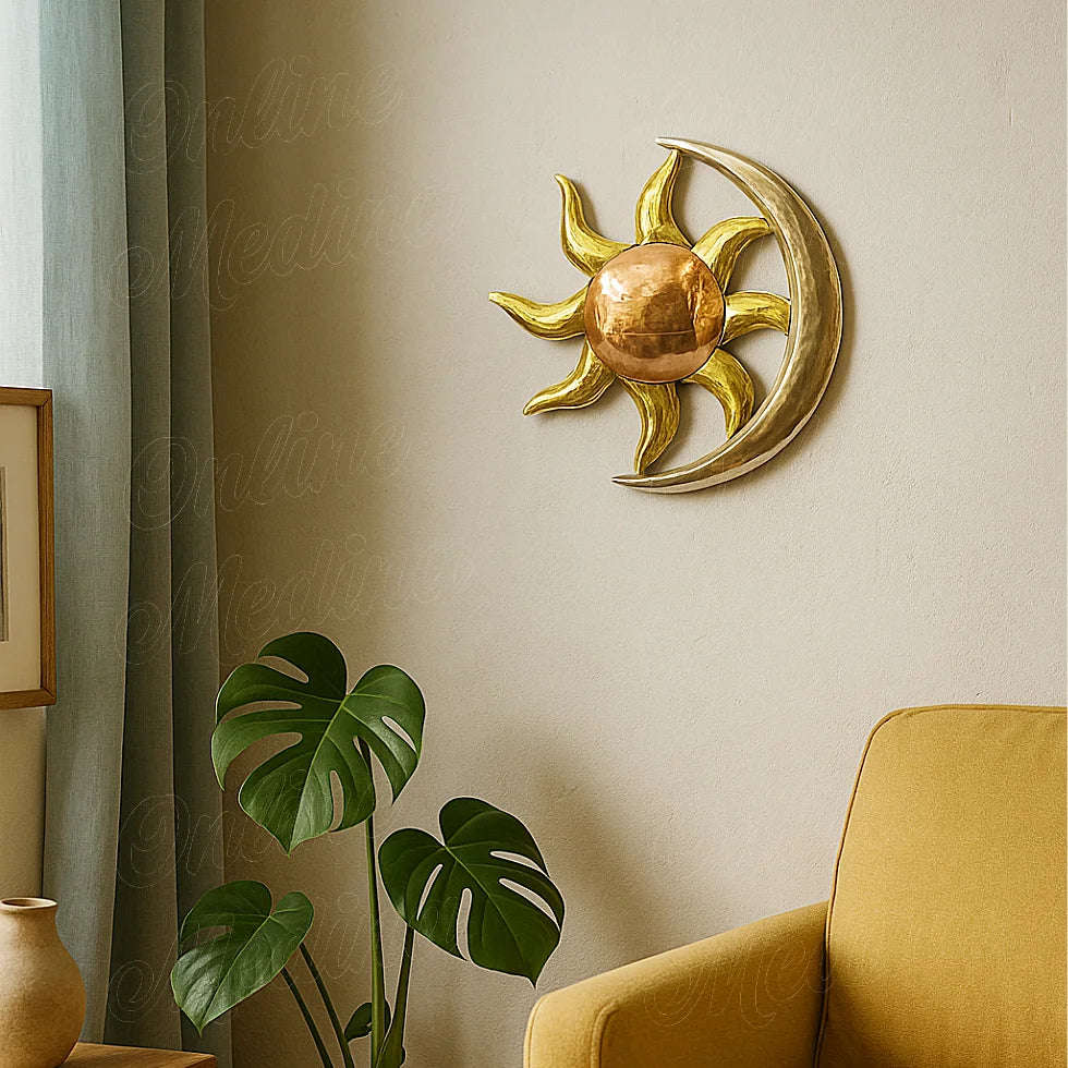 Hammered metal sun and moon wall decor in a modern living room