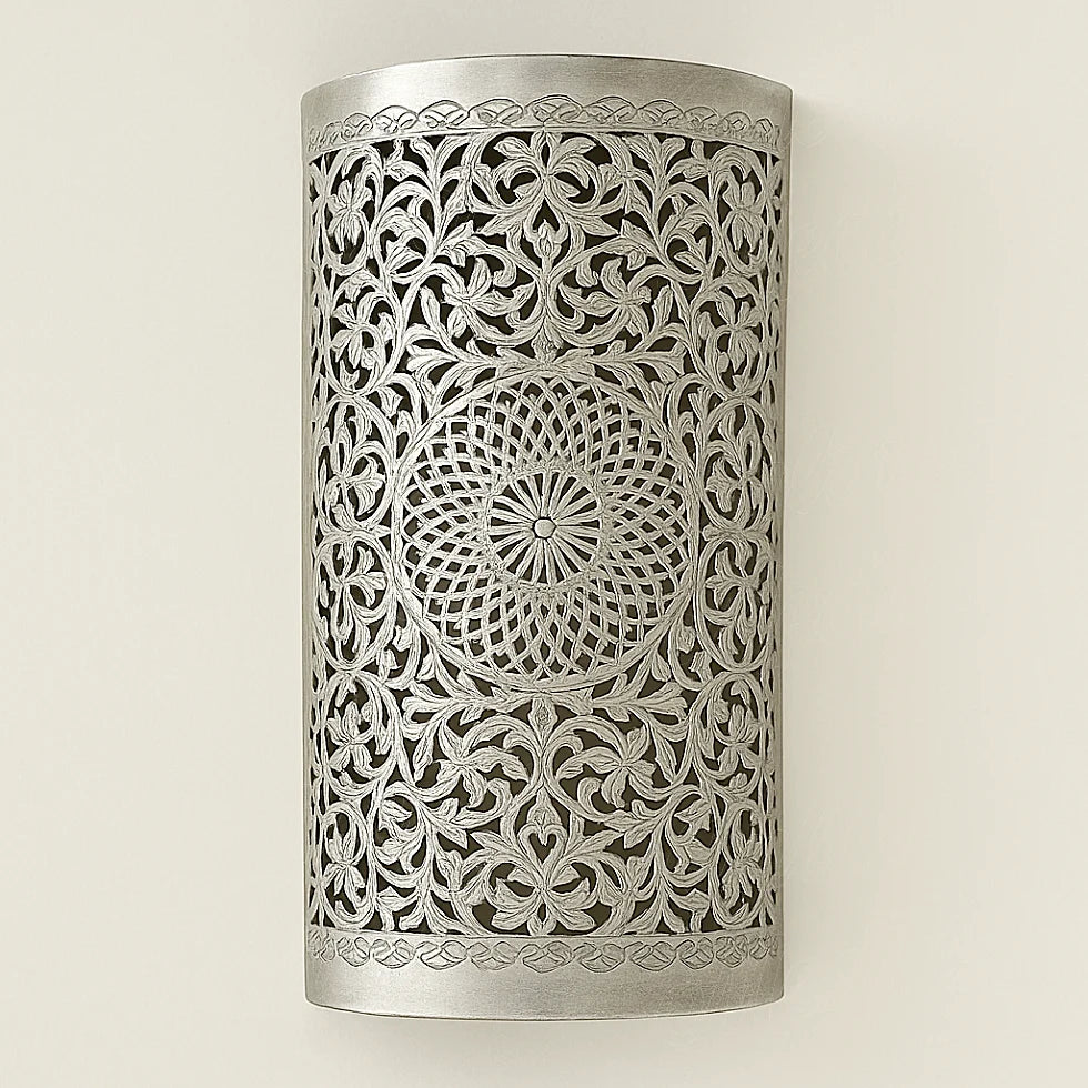 Silver Moroccan wall light handmade from tin alloy with fine floral and geometric perforations