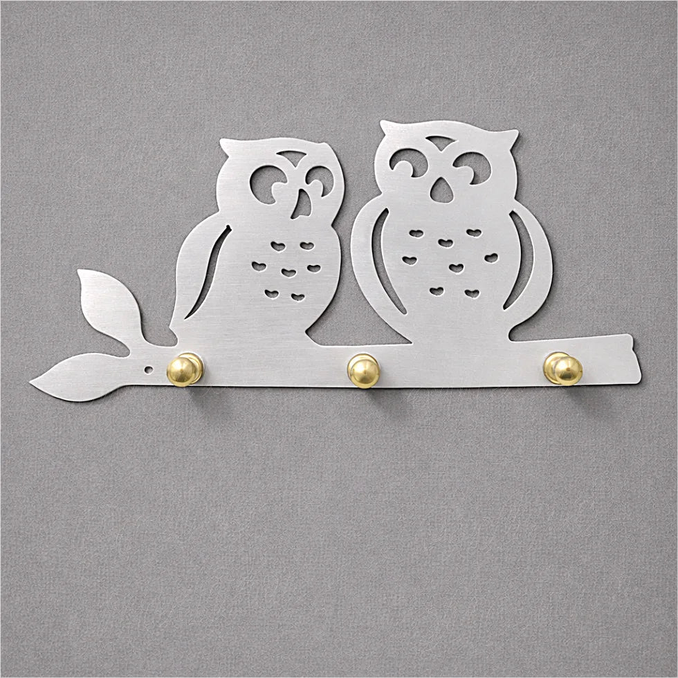 Galvanized silver owl wall key holder with brass knobs