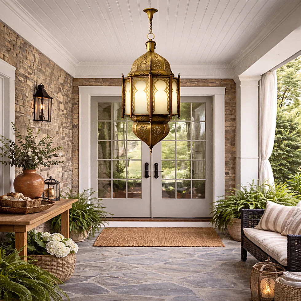 Brass Moroccan pendant lantern on a covered porch with stone walls, double doors, and warm ambient glow