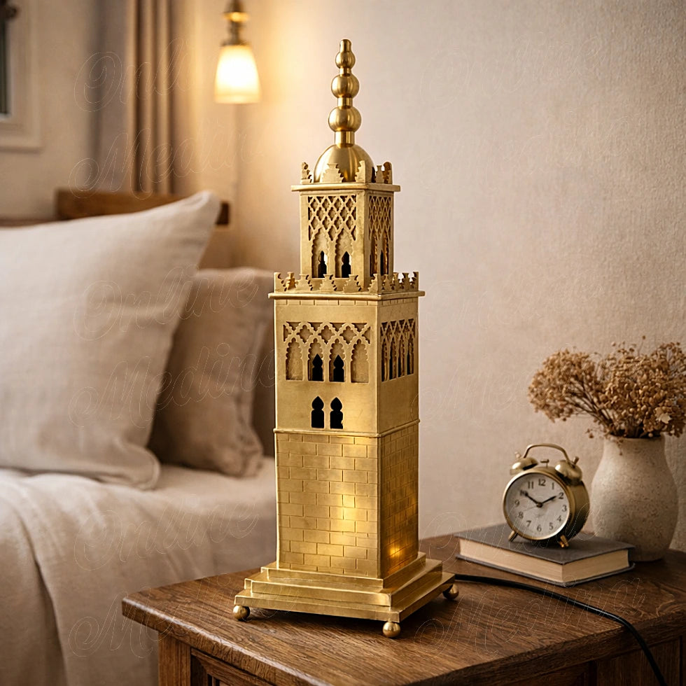 Koutoubia minaret brass lamp handcrafted bedside decor with warm ambient light