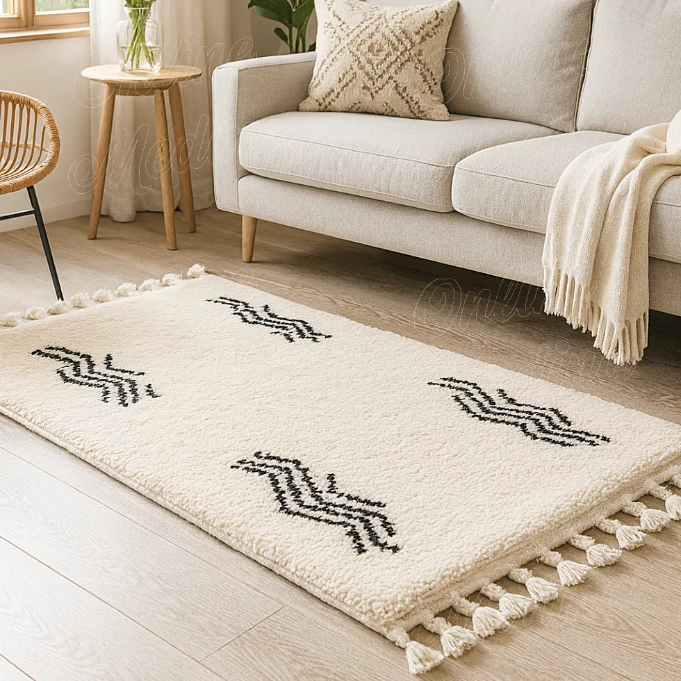 Cream wool Berber rug with black zigzag motifs and fringes in a cozy modern living room with beige sofa and natural light