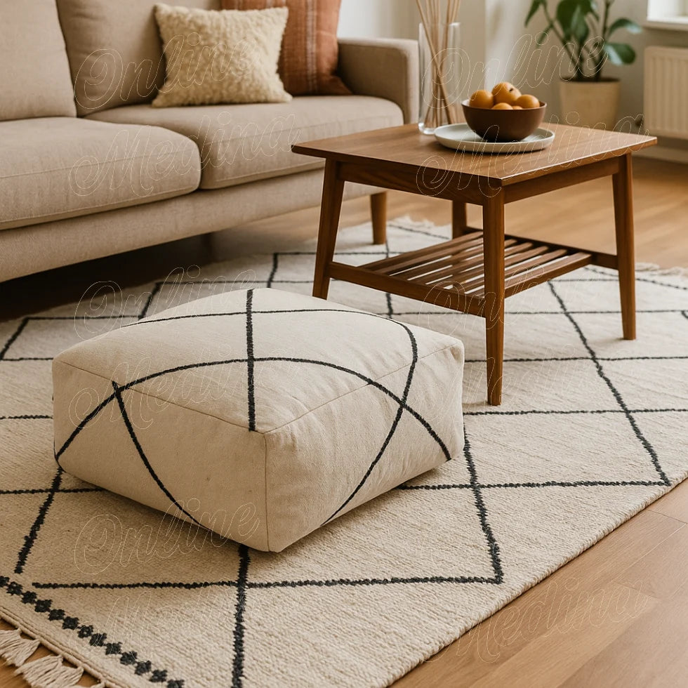 Modern Moroccan pouf with black diamond motifs on cream wool fabric, styled in a Scandinavian living room