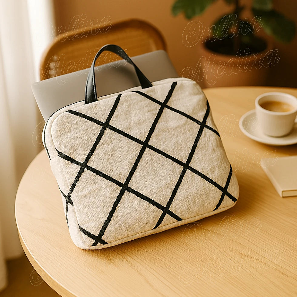 Artisan Moroccan Beni Ouarain laptop case on round coffee table with cup and notebook – natural morning light