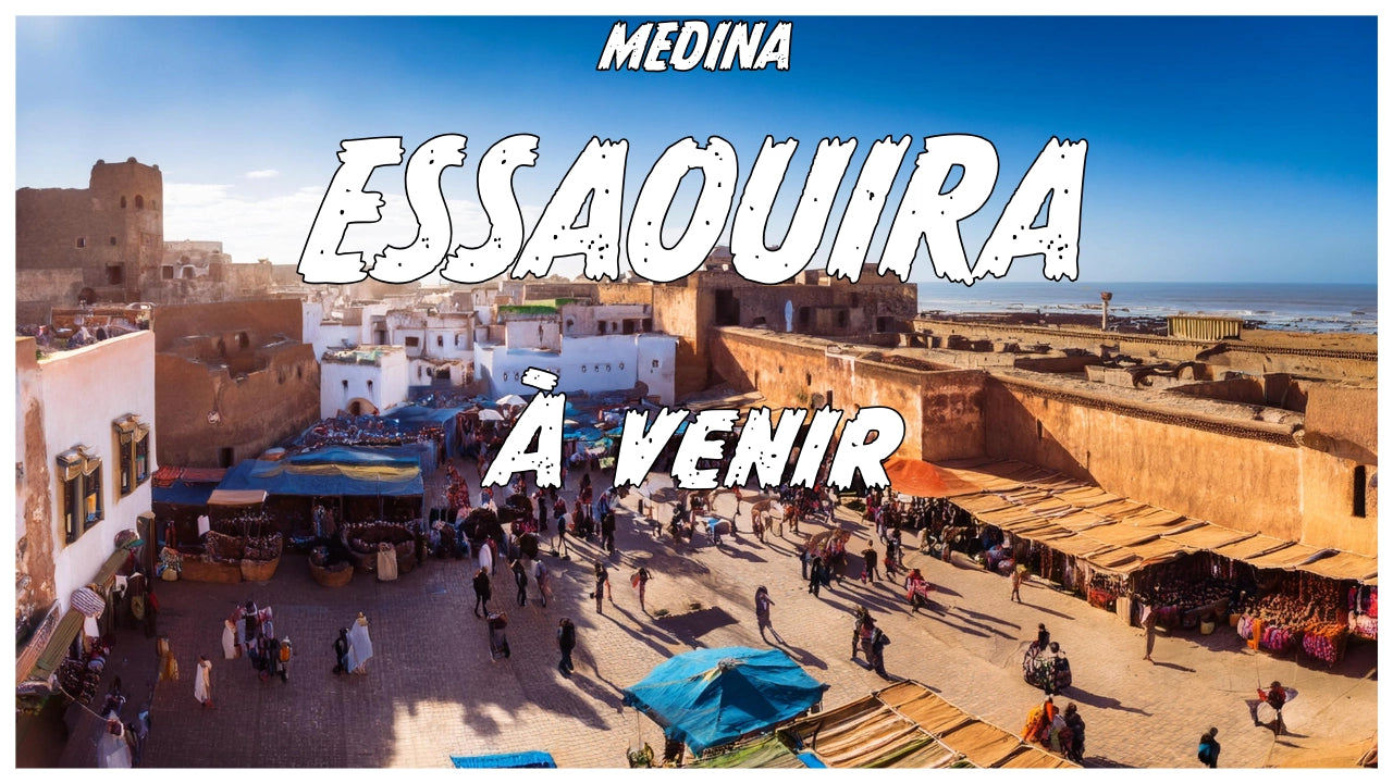 Vue panoramique de la médina d’Essaouira avec ses remparts ocres et son marché animé – Artisanat marocain en bord de mer, bientôt disponible sur Online Medina.