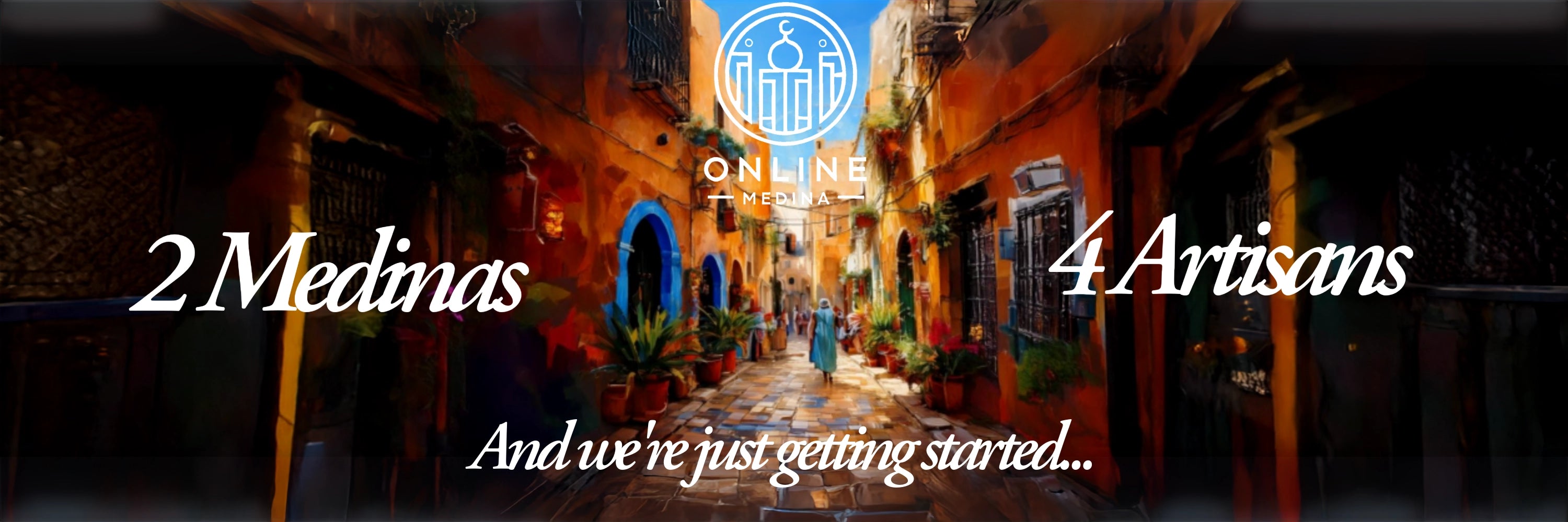 Moroccan alleyway bathed in golden light with vibrant architecture, logo of Online Medina, and message of expansion — showcasing ethical Moroccan craftsmanship and creative energy.