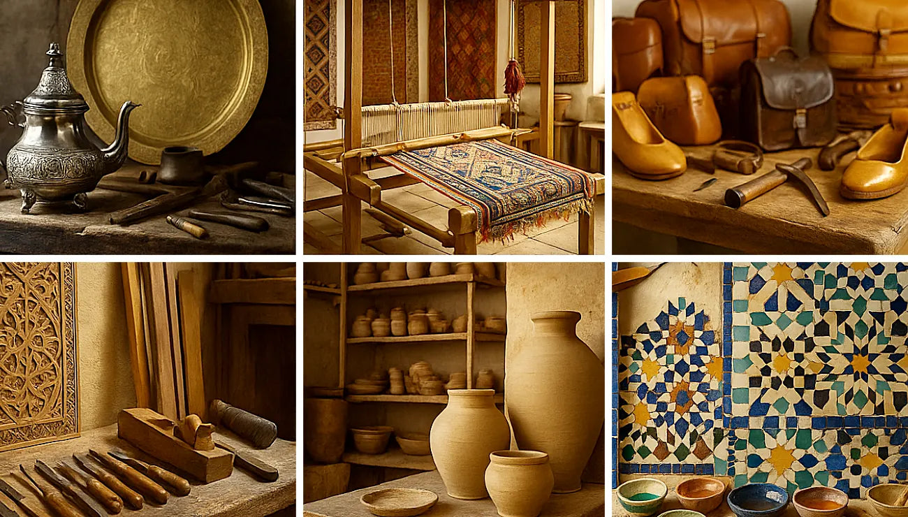 Collage of six traditional Moroccan artisan workshops showing metalwork, weaving, leathercraft, woodcarving, pottery and zellige tiles.