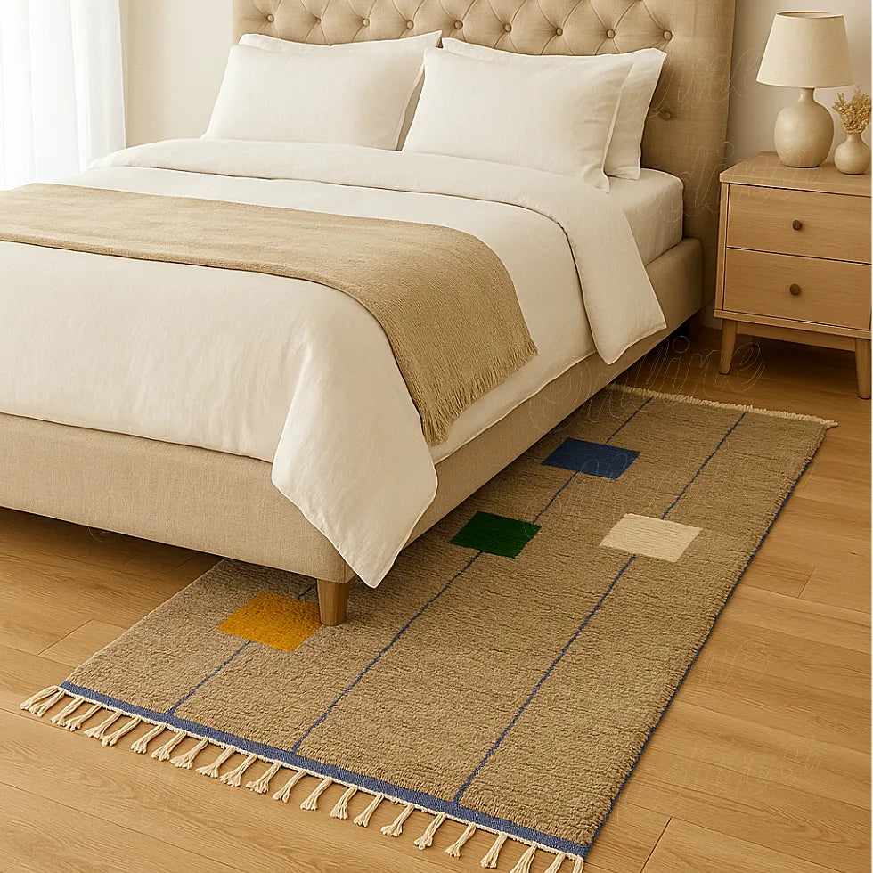 Handmade Moroccan wool rug in natural beige with colorful geometric squares, ethically woven by artisans, perfect for modern bedroom décor