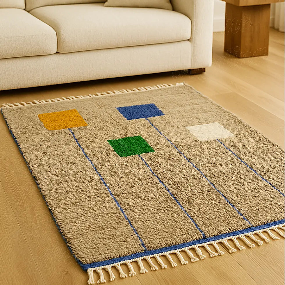 Authentic Moroccan wool rug with minimalist geometric design and vibrant colors, handwoven for living rooms or contemporary home spaces