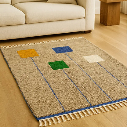 Authentic Moroccan wool rug with minimalist geometric design and vibrant colors, handwoven for living rooms or contemporary home spaces