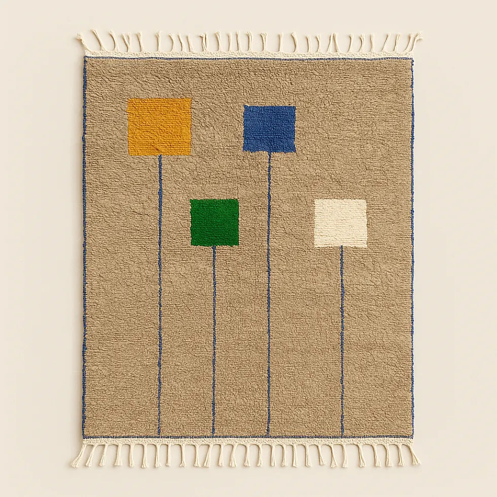 Flat lay of handmade Moroccan wool rug featuring yellow, blue, green, and ivory squares on a neutral beige background, ethically crafted décor piece