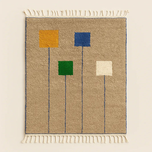 Flat lay of handmade Moroccan wool rug featuring yellow, blue, green, and ivory squares on a neutral beige background, ethically crafted décor piece