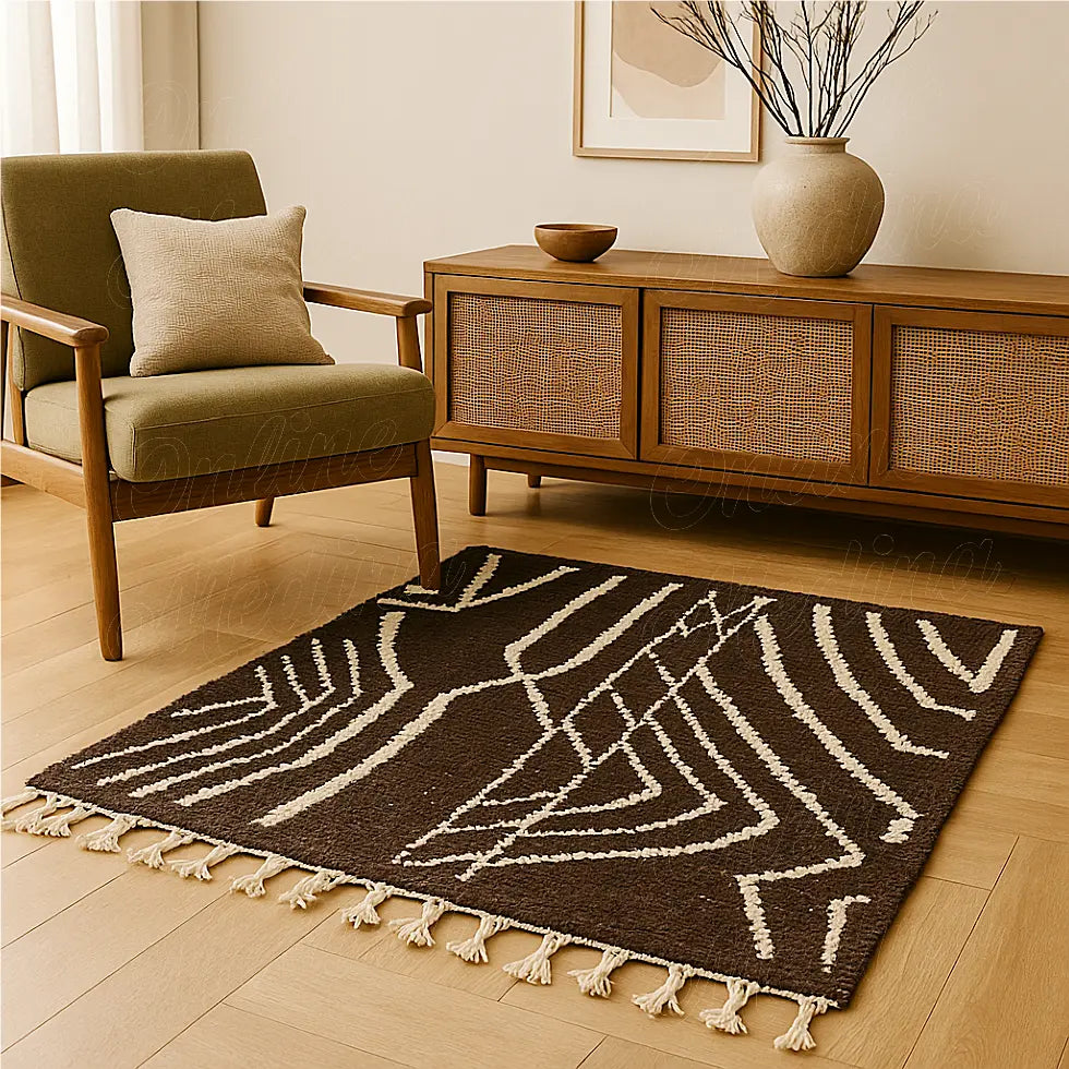 A Moroccan wool rug handwoven in Beni Mellal, featuring natural brown tones with ivory geometric lines inspired by Berber patterns.