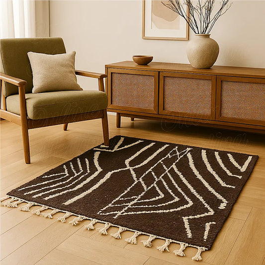 A Moroccan wool rug handwoven in Beni Mellal, featuring natural brown tones with ivory geometric lines inspired by Berber patterns.