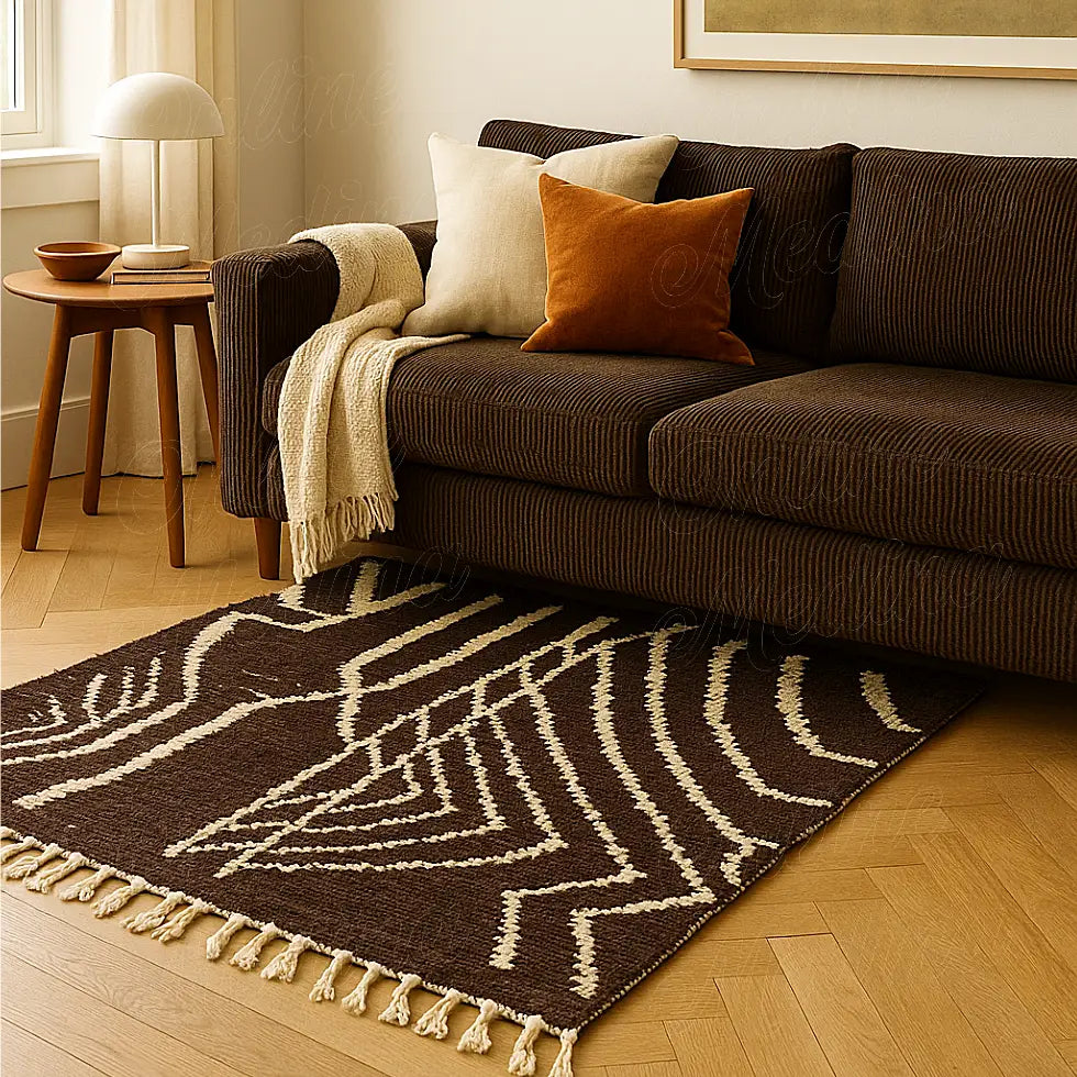 A contemporary Moroccan rug crafted from natural wool with linear brown and ivory geometry, woven by artisans in Beni Mellal.