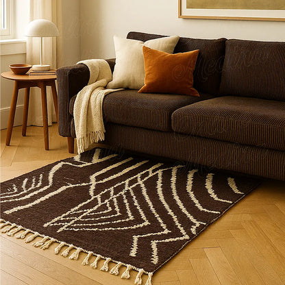 A contemporary Moroccan rug crafted from natural wool with linear brown and ivory geometry, woven by artisans in Beni Mellal.