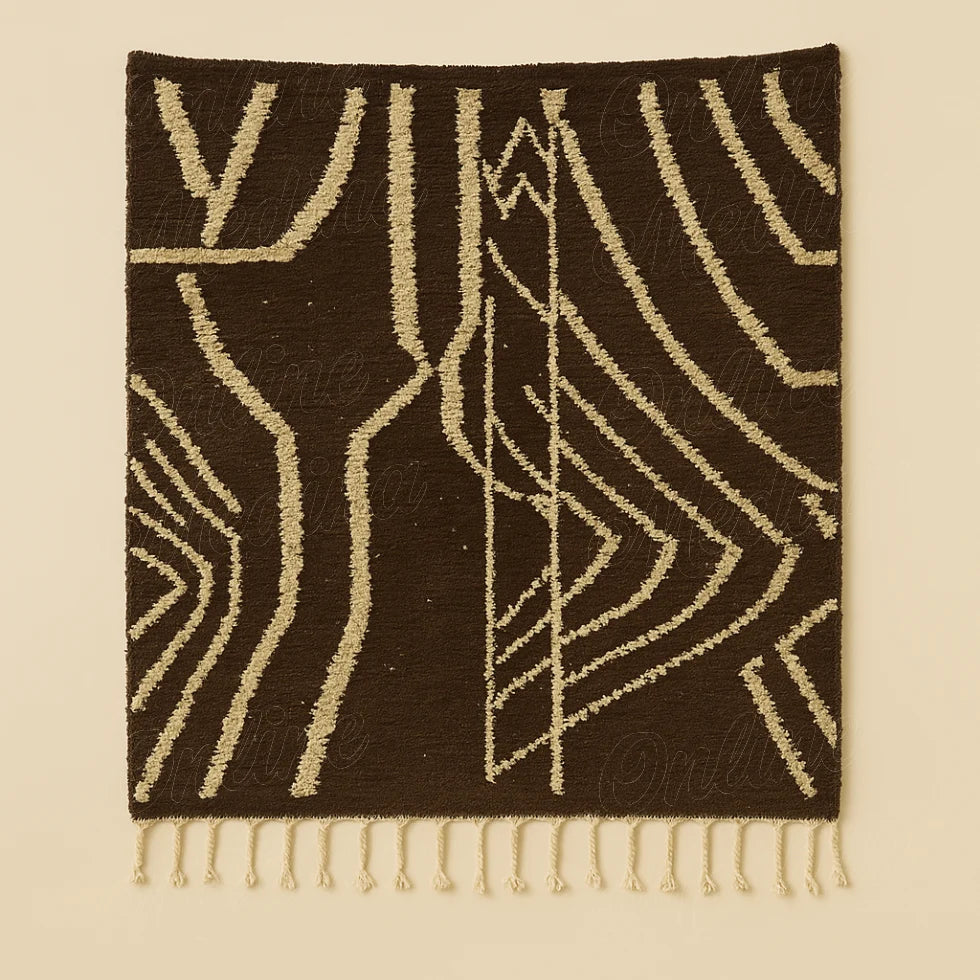 A handmade Moroccan artisan rug from Beni Mellal with elegant brown and ivory linework, blending tradition and modernity.