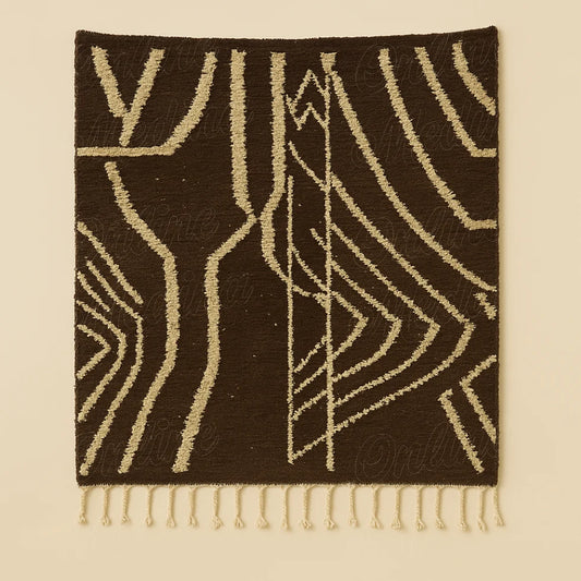 A handmade Moroccan artisan rug from Beni Mellal with elegant brown and ivory linework, blending tradition and modernity.