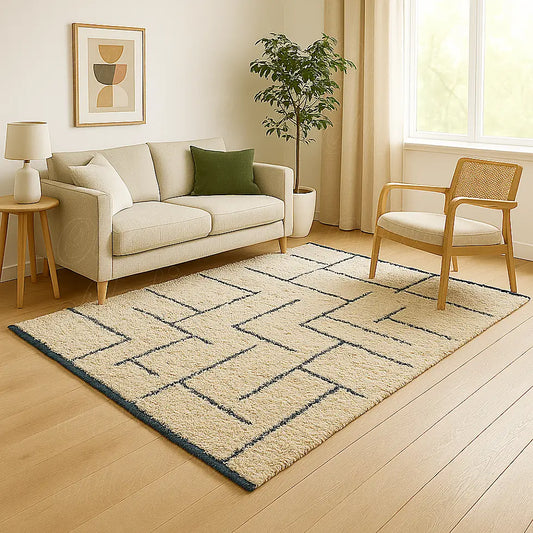 Moroccan Berber rug with black lines in a bright Scandinavian-style living room.