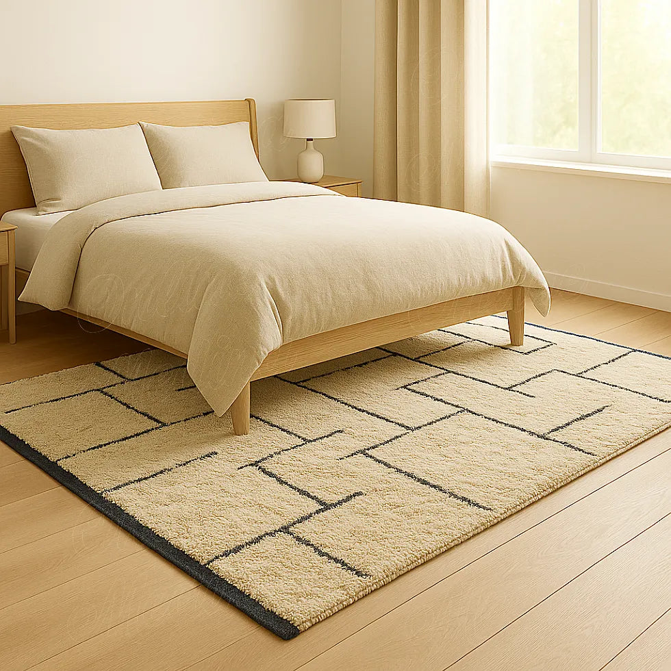 Beige and black Berber rug under a wooden bed in a serene modern bedroom.