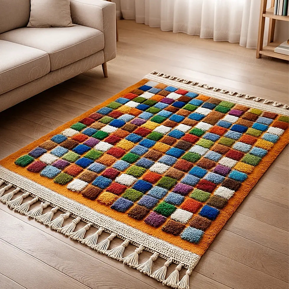 Moroccan wool rug with multicolor raised squares in a modern living room