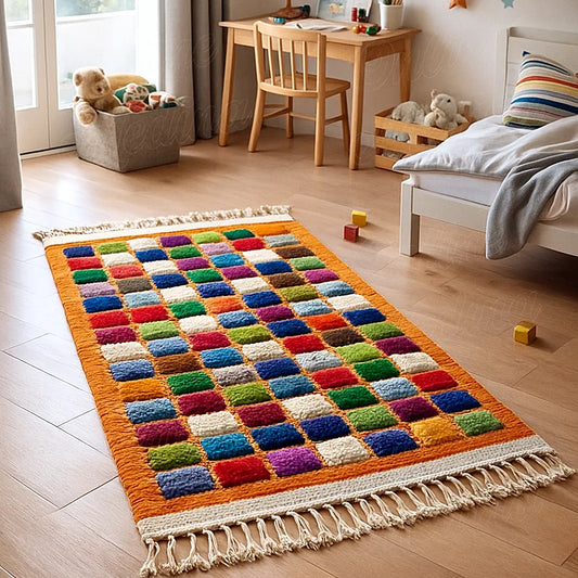 Colorful Berber rug with textured squares displayed in a bright kids bedroom