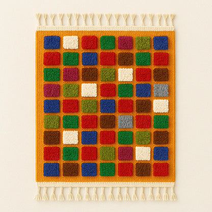 Front view of handcrafted Moroccan rug with dense multicolor square pattern
