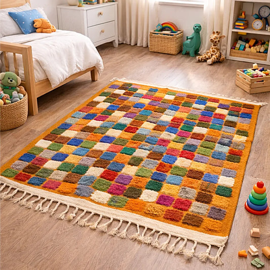 Colorful Berber rug with textured squares displayed in a bright kids bedroom