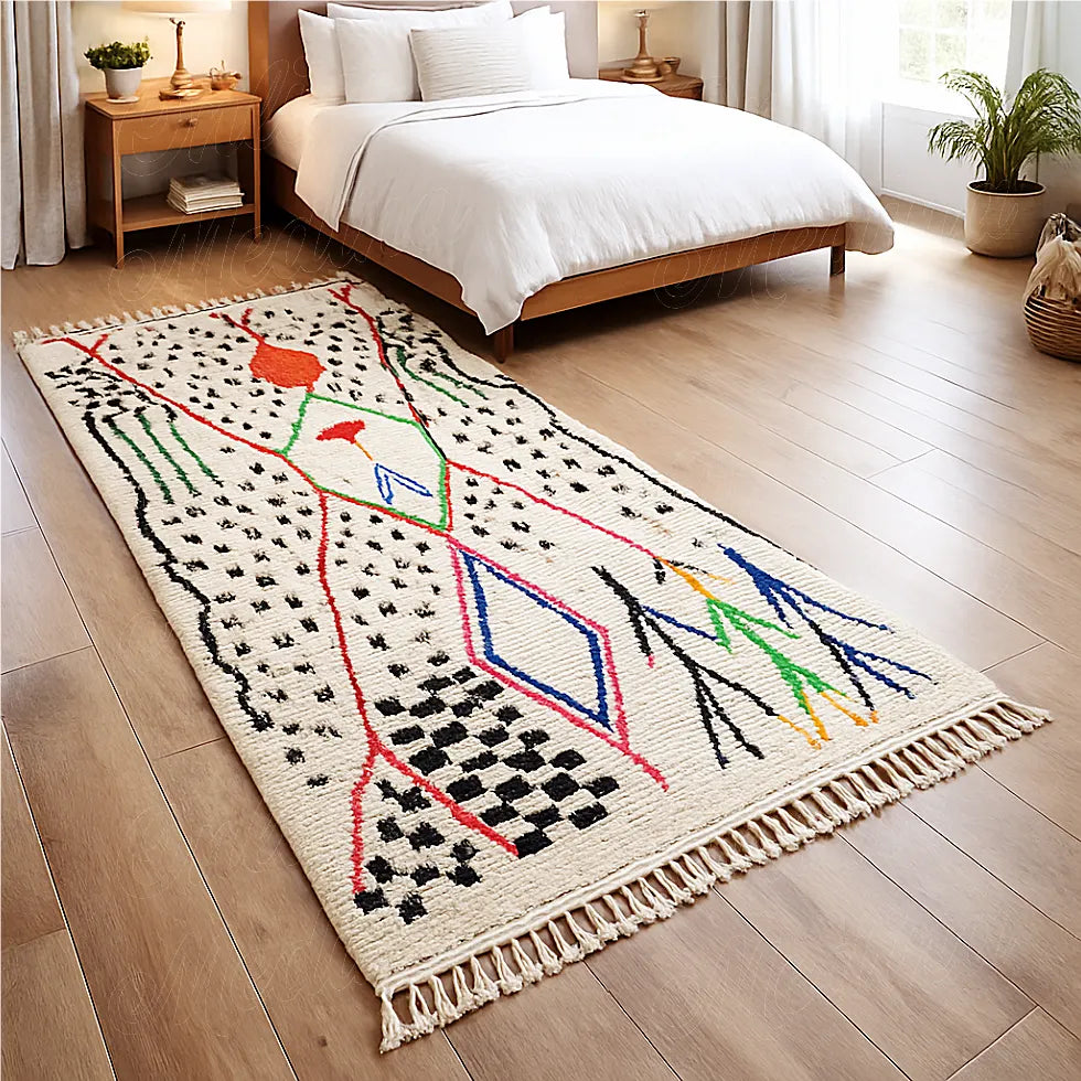 A handmade Azilal wool rug with colorful tribal symbols placed in a bright modern bedroom, adding warmth, texture and authentic Moroccan design.