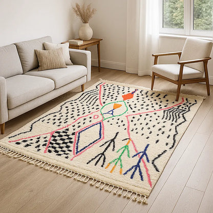 A large Azilal wool rug featuring handwoven multicolor symbols arranged in a bright contemporary living room, enhancing comfort and artisanal decor.