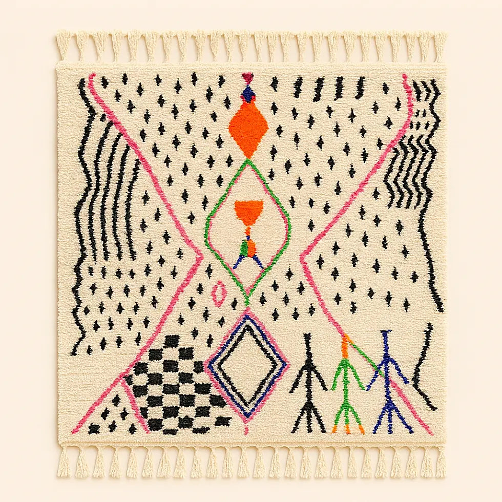 Front view of a handmade Azilal wool rug on a plain background, showing the colorful geometric and tribal patterns typical of Moroccan craftsmanship.