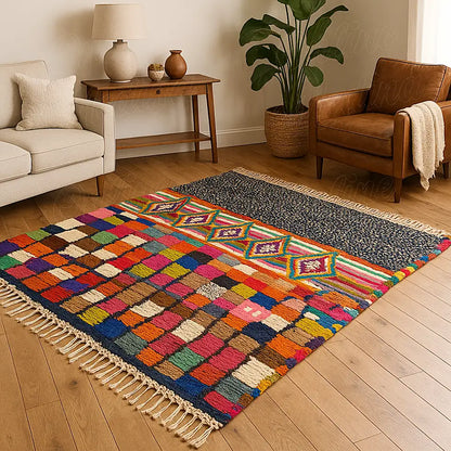 Handwoven Boujaad rug with Sahara-inspired geometric patterns and vibrant colors styled in a bright modern living room