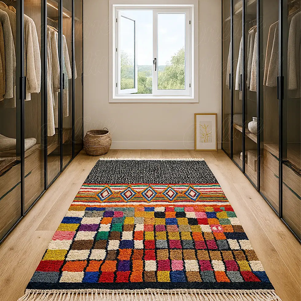 Boujaad rug with Sahara-influenced motifs and colorful handwoven details placed in a modern walk-in closet with natural light