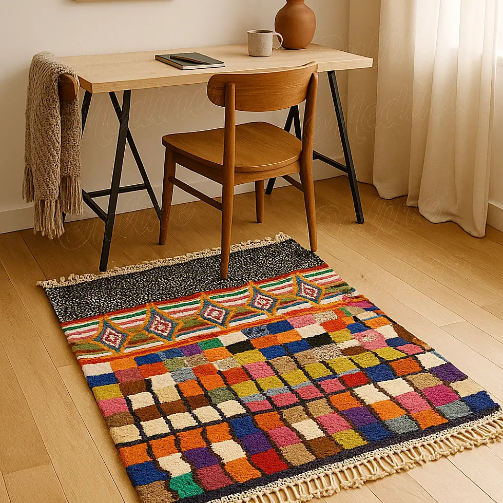Colorful Boujaad rug featuring Sahara-style geometric shapes adding warmth and texture to a minimalist home office setting
